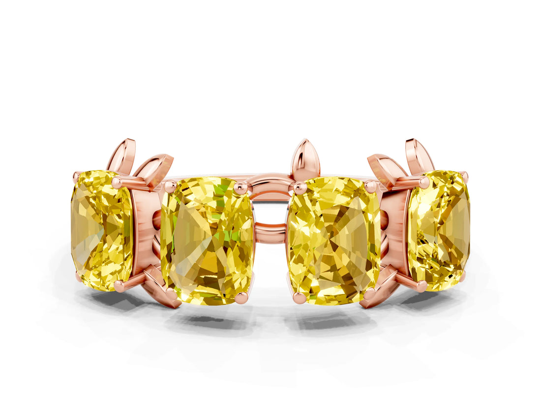Rose gold Four-Stone Elongated Cushion Yellow Sapphire Band with Nature-Inspired Prong Setting_6