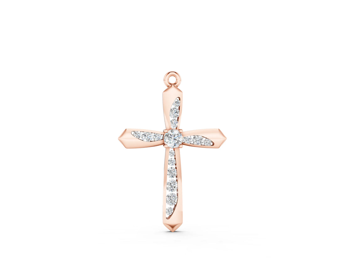 Rose gold Gold Cross Pendant with Round Cut Stones and Prong Setting_29