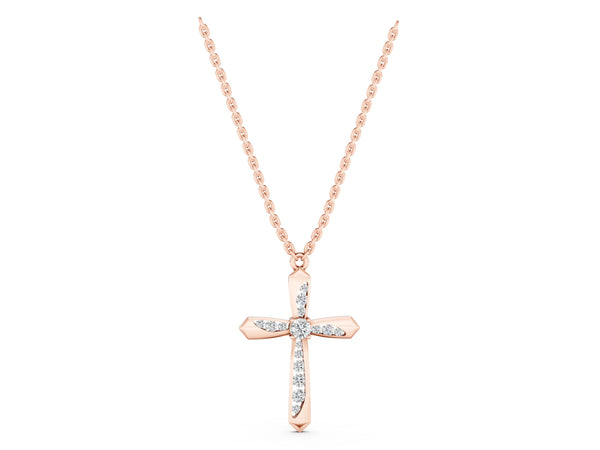 Rose gold Gold Cross Pendant with Round Cut Stones and Prong Setting