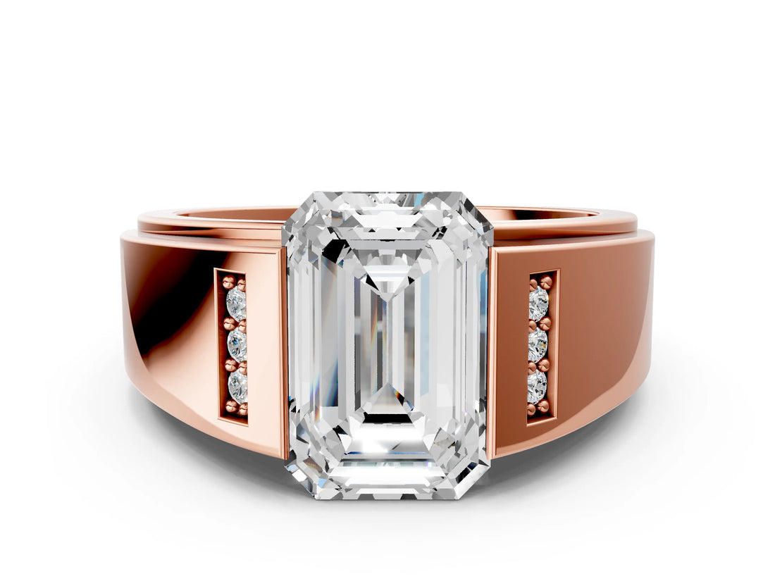 Rose gold Half-Bezel Emerald Cut Diamond Mens Ring with Channel-Set Round Shoulders