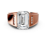 Rose gold Half-Bezel Emerald Cut Diamond Mens Ring with Channel-Set Round Shoulders