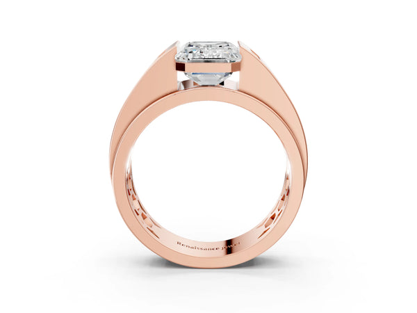 Rose gold Half-Bezel Emerald Cut Diamond Mens Ring with Channel-Set Round Shoulders
