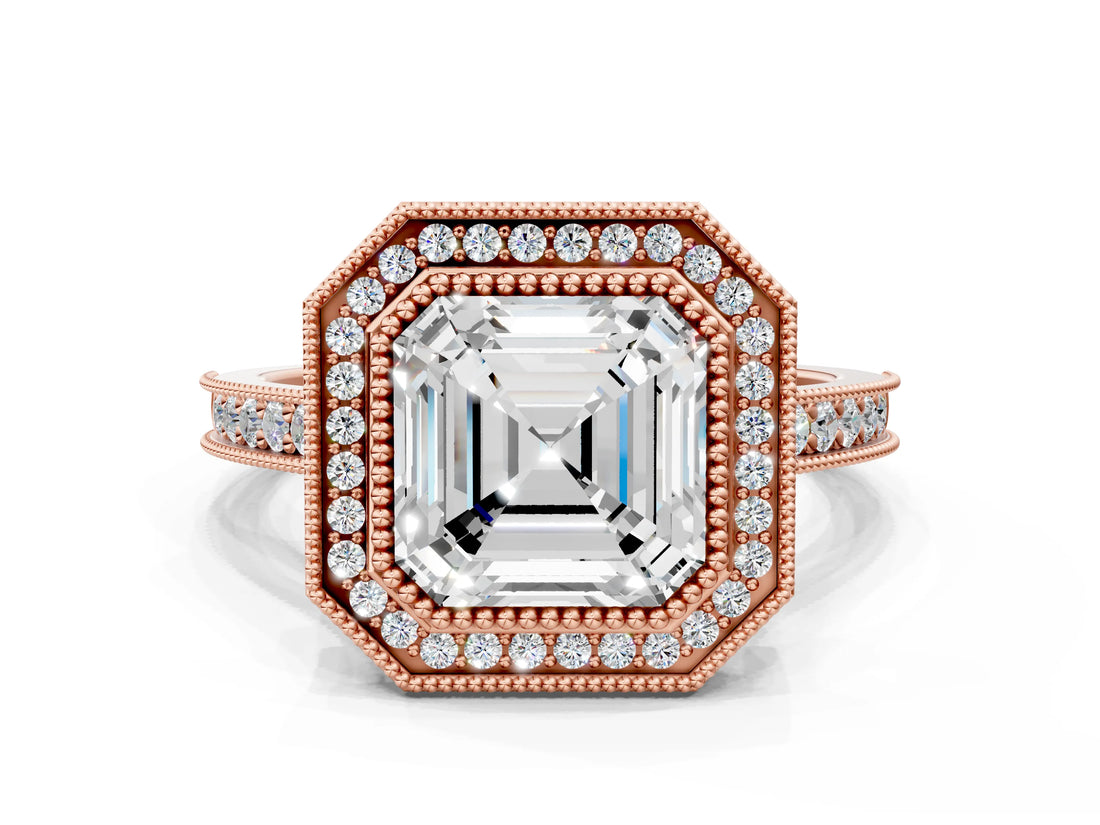 Rose gold Halo Asscher-Cut Diamond Pave Band Milgrain Prong Setting Ring_41