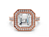 Rose gold Halo Asscher-Cut Diamond Pave Band Milgrain Prong Setting Ring_41