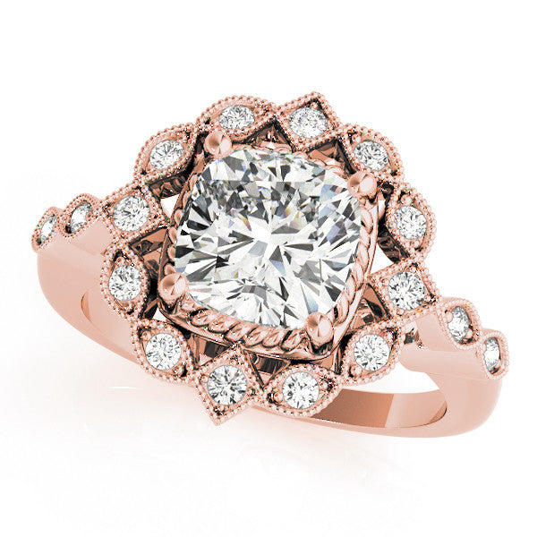 Rose gold Halo Cushion Cut Diamond Milgrain Band with Four-Prong Setting