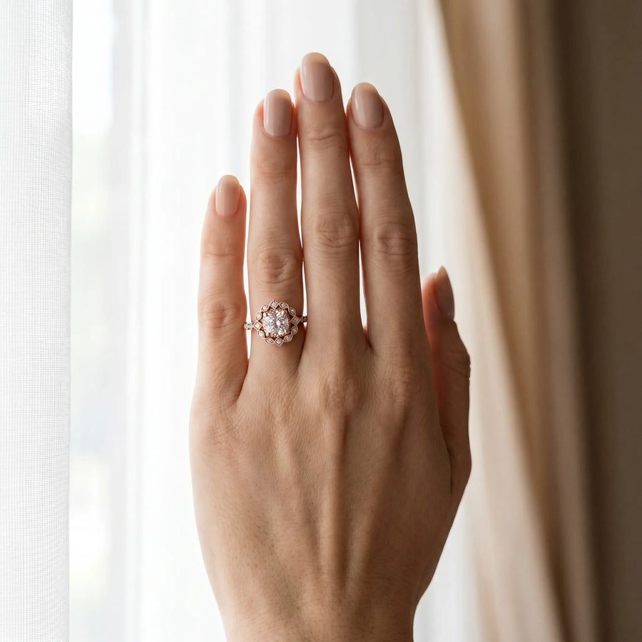 Rose gold Halo Cushion Cut Diamond Milgrain Band with Four-Prong Setting