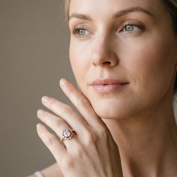 Rose gold Halo Cushion Cut Diamond Milgrain Band with Four-Prong Setting
