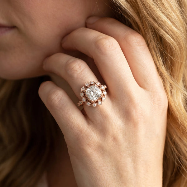 Rose gold Halo Cushion Cut Diamond Milgrain Band with Four-Prong Setting