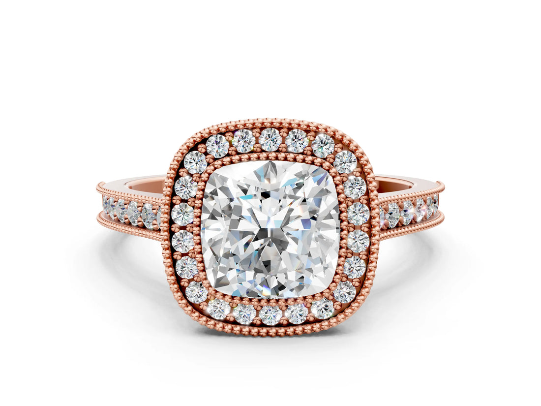 Rose gold Halo Cushion-Cut Diamond Pave Band Milgrain Prong Setting Ring_49
