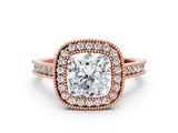 Rose gold Halo Cushion-Cut Diamond Pave Band Milgrain Prong Setting Ring_49