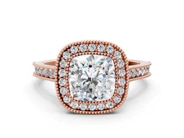 Rose gold Halo Cushion-Cut Diamond Pave Band Milgrain Prong Setting Ring