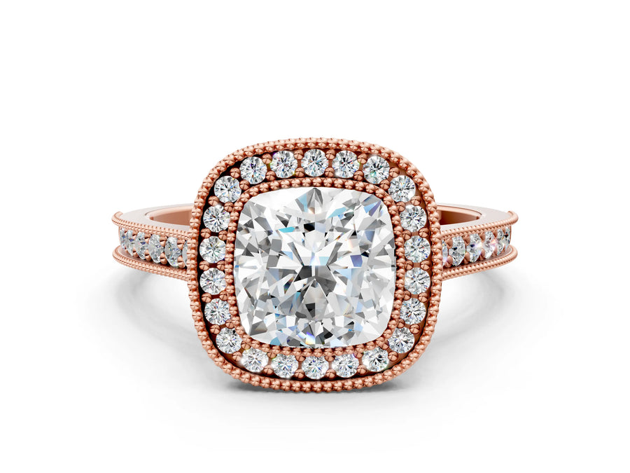Rose gold Halo Cushion-Cut Diamond Pave Band Milgrain Prong Setting Ring