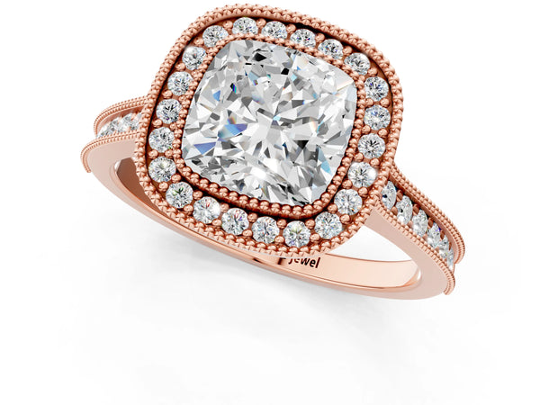 Rose gold Halo Cushion-Cut Diamond Pave Band Milgrain Prong Setting Ring