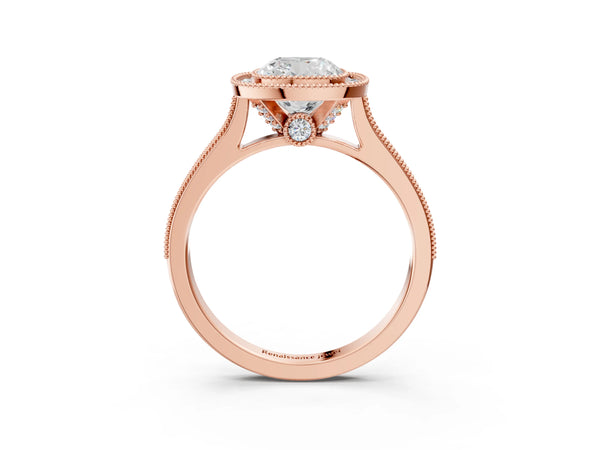 Rose gold Halo Cushion-Cut Diamond Pave Band Milgrain Prong Setting Ring