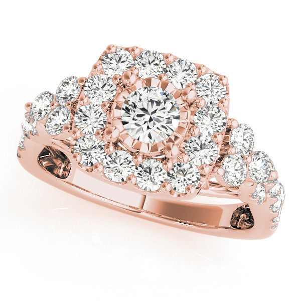 Rose gold Halo Cushion Cut Diamond Ring with Pavé Band and Four-Prong Setting