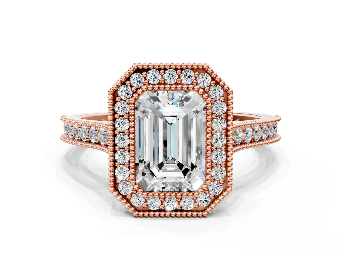 Rose gold Halo Emerald-Cut Diamond Pave Band Milgrain Prong Setting Ring_45