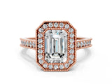Rose gold Halo Emerald-Cut Diamond Pave Band Milgrain Prong Setting Ring_45