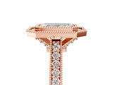 Rose gold Halo Emerald-Cut Diamond Pave Band Milgrain Prong Setting Ring_50