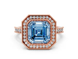 Rose gold Halo Fancy Blue Asscher -Cut Diamond Pave Band Milgrain Prong Setting Ring_48