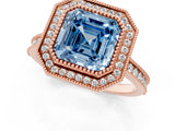 Rose gold Halo Fancy Blue Asscher -Cut Diamond Pave Band Milgrain Prong Setting Ring_49