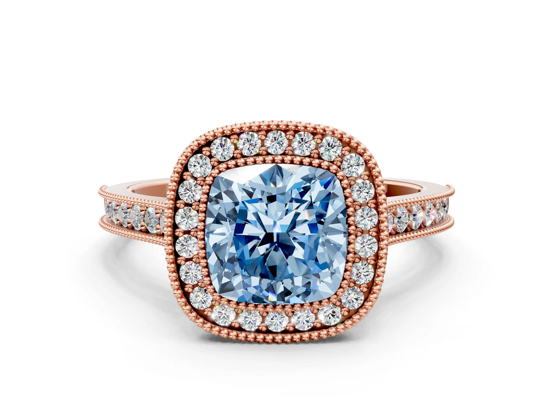 Rose gold Halo Fancy Blue Cushion -Cut Diamond Pave Band Milgrain Prong Setting Ring_54