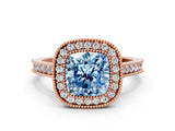 Rose gold Halo Fancy Blue Cushion -Cut Diamond Pave Band Milgrain Prong Setting Ring_54