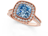 Rose gold Halo Fancy Blue Cushion -Cut Diamond Pave Band Milgrain Prong Setting Ring_55