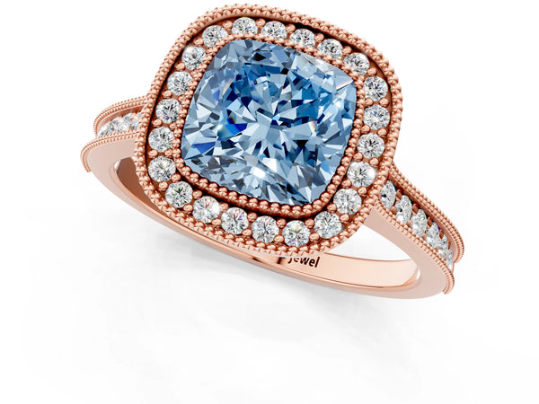 Rose gold Halo Fancy Blue Cushion -Cut Diamond Pave Band Milgrain Prong Setting Ring