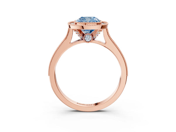 Rose gold Halo Fancy Blue Cushion -Cut Diamond Pave Band Milgrain Prong Setting Ring