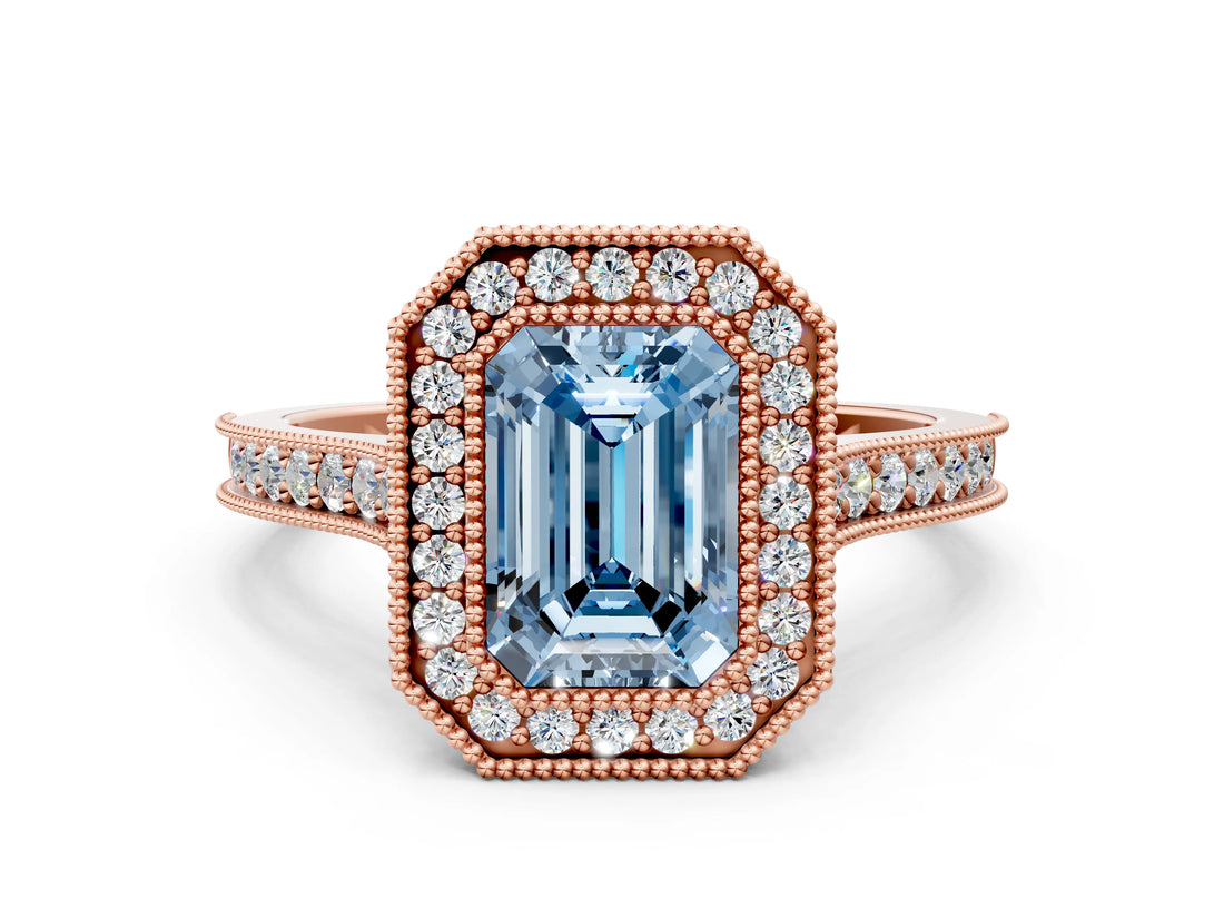Rose gold Halo Fancy Blue Emerald -Cut Diamond Pave Band Milgrain Prong Setting Ring_55
