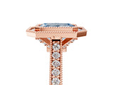 Rose gold Halo Fancy Blue Emerald -Cut Diamond Pave Band Milgrain Prong Setting Ring_60