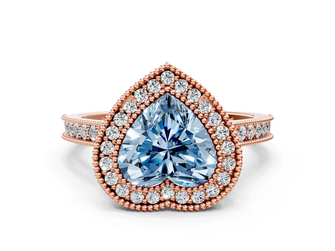Rose gold Halo Fancy Blue Heart -Cut Diamond Pave Band Milgrain Prong Setting Ring_56