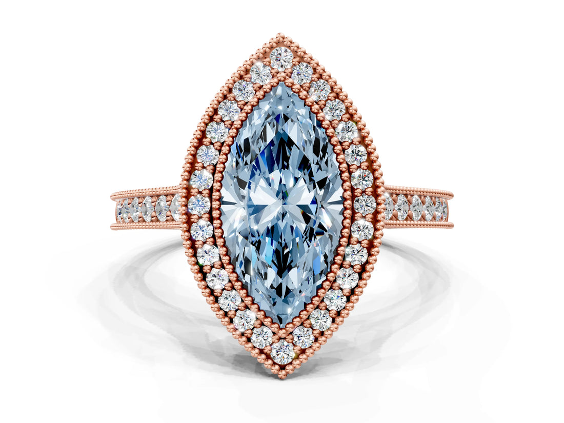 Rose gold Halo Fancy Blue Marquise -Cut Diamond Pave Band Milgrain Prong Setting Ring_55