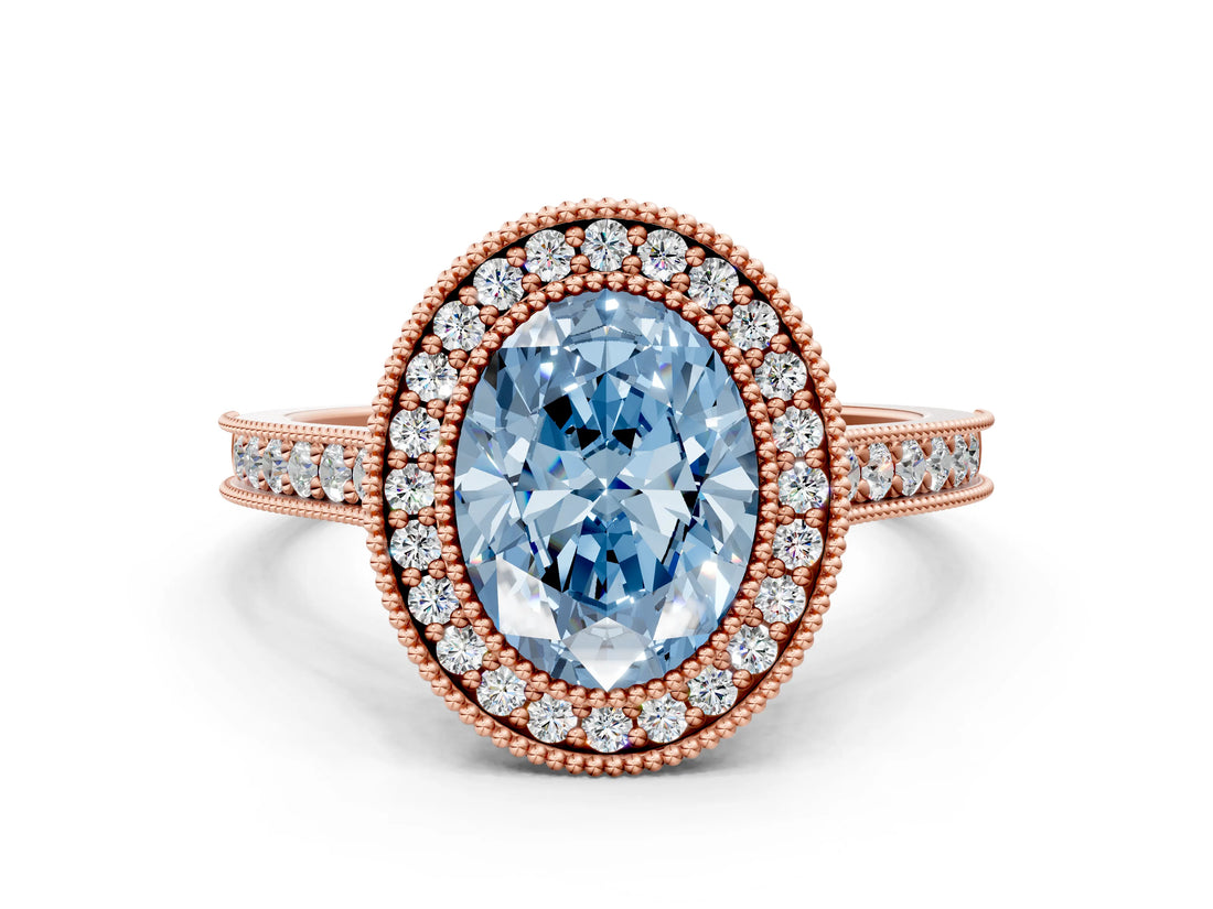 Rose gold Halo Fancy Blue Oval -Cut Diamond Pave Band Milgrain Prong Setting Ring_54