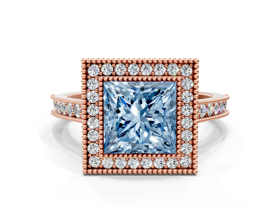 Rose gold Halo Fancy Blue Princess -Cut Diamond Pave Band Milgrain Prong Setting Ring_55