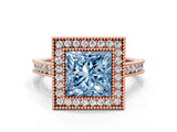 Rose gold Halo Fancy Blue Princess -Cut Diamond Pave Band Milgrain Prong Setting Ring_55