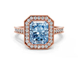 Rose gold Halo Fancy Blue Radiant -Cut Diamond Pave Band Milgrain Prong Setting Ring_55