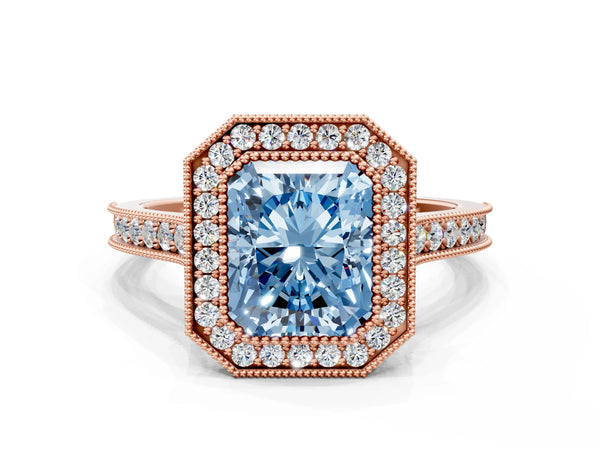 Rose gold Halo Fancy Blue Radiant -Cut Diamond Pave Band Milgrain Prong Setting Ring