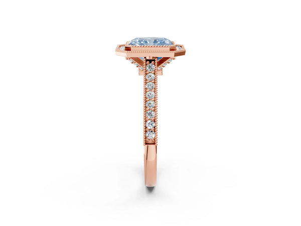 Rose gold Halo Fancy Blue Radiant -Cut Diamond Pave Band Milgrain Prong Setting Ring