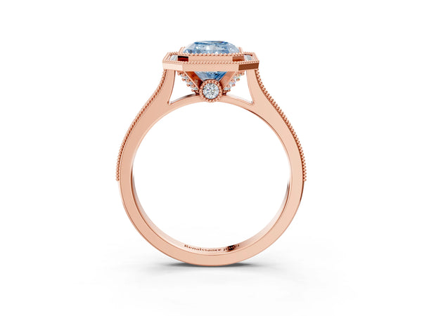 Rose gold Halo Fancy Blue Radiant -Cut Diamond Pave Band Milgrain Prong Setting Ring