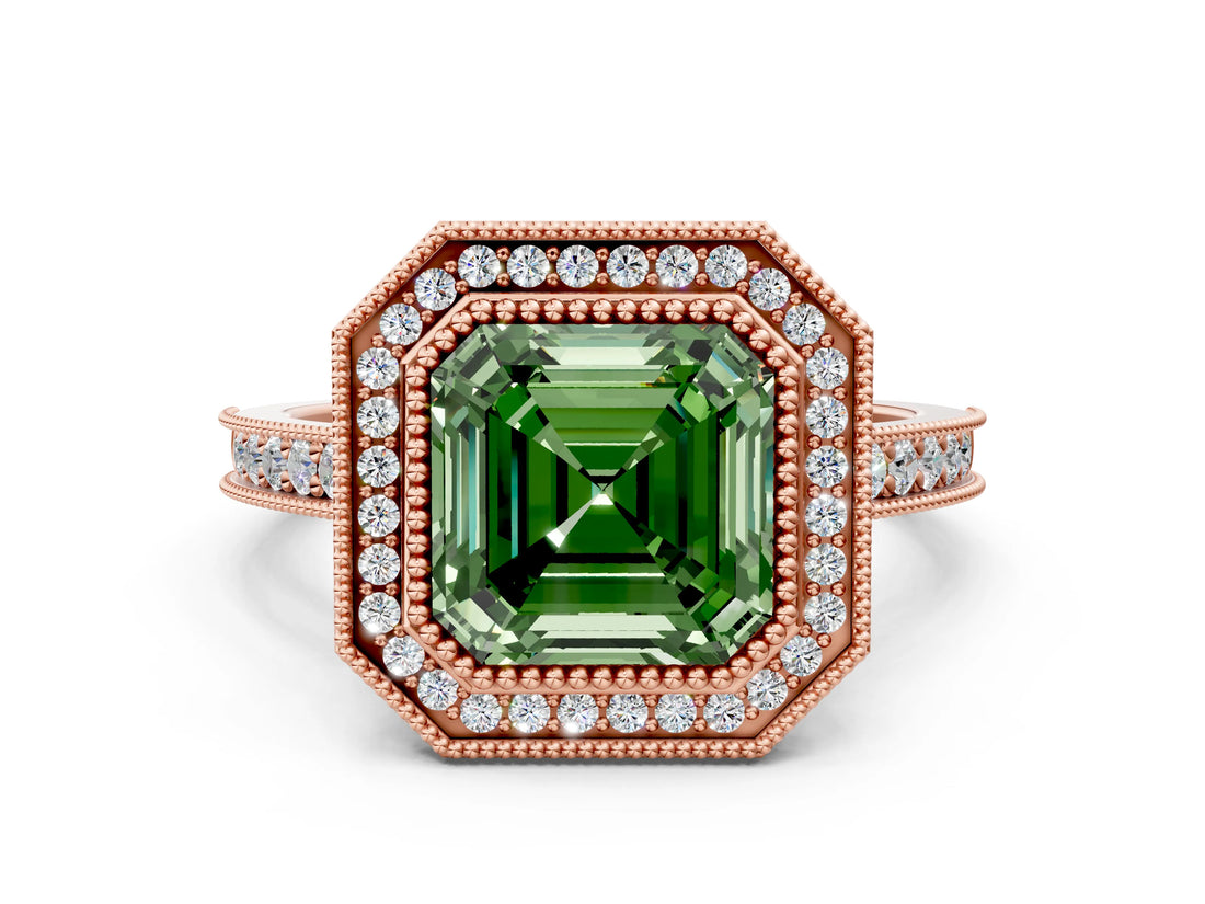 Rose gold Halo Fancy Green Asscher -Cut Diamond Pave Band Milgrain Prong Setting Ring_79