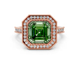 Rose gold Halo Fancy Green Asscher -Cut Diamond Pave Band Milgrain Prong Setting Ring_79