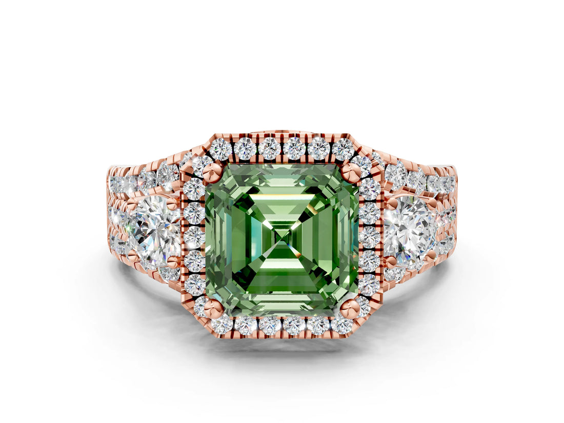 Rose gold Halo Fancy Green Asscher Cut Cut Split Shank Diamond Ring with Four-Prong Setting