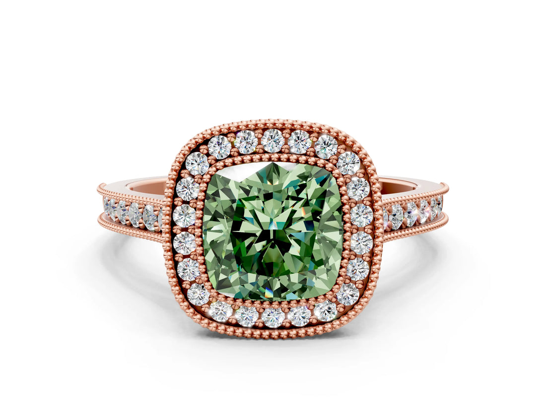 Rose gold Halo Fancy Green Cushion -Cut Diamond Pave Band Milgrain Prong Setting Ring_55