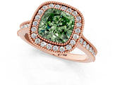 Rose gold Halo Fancy Green Cushion -Cut Diamond Pave Band Milgrain Prong Setting Ring_56