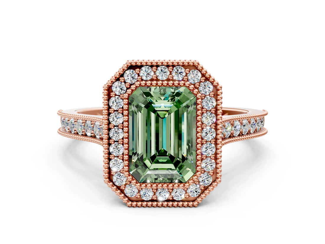 Rose gold Halo Fancy Green Emerald -Cut Diamond Pave Band Milgrain Prong Setting Ring_74