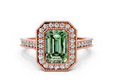 Rose gold Halo Fancy Green Emerald -Cut Diamond Pave Band Milgrain Prong Setting Ring_74