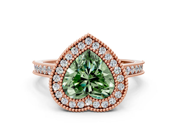 Rose gold Halo Fancy Green Heart -Cut Diamond Pave Band Milgrain Prong Setting Ring