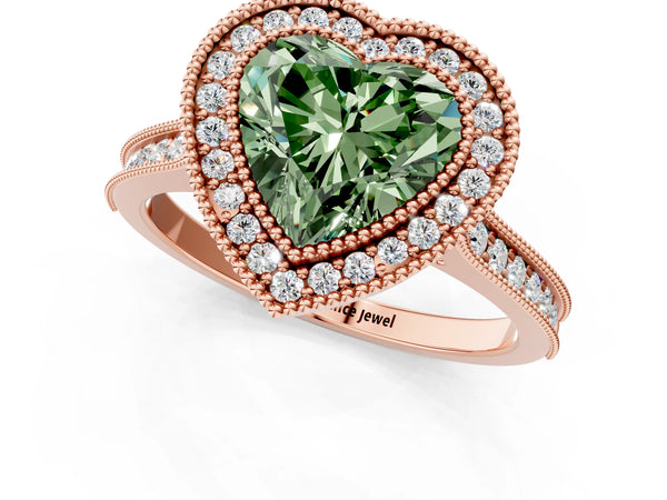 Rose gold Halo Fancy Green Heart -Cut Diamond Pave Band Milgrain Prong Setting Ring