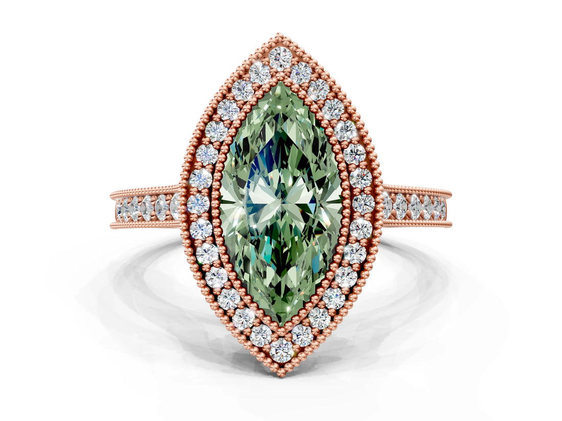 Rose gold Halo Fancy Green Marquise -Cut Diamond Pave Band Milgrain Prong Setting Ring_54